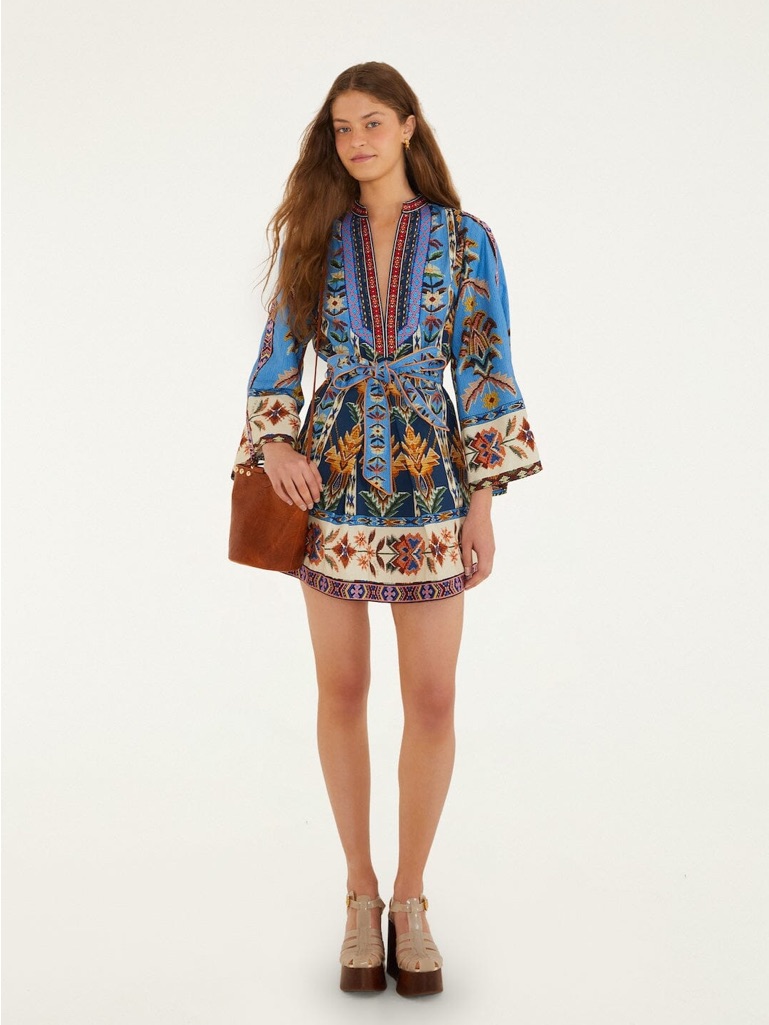 Farm Rio Blue Embroidered Tapestry Organic Cotton Mini Dress